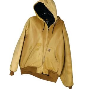 CARHARTT Brown Canvas Hooded Black Quilted Lining Bomber Work Jacket Size XL